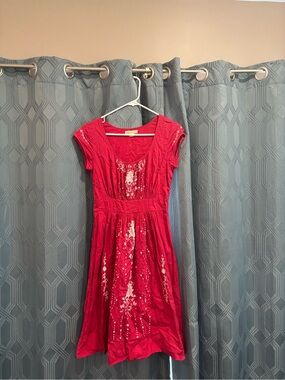 Anthropologie LiL Red Embroidered Cap-Sleeve Dress
